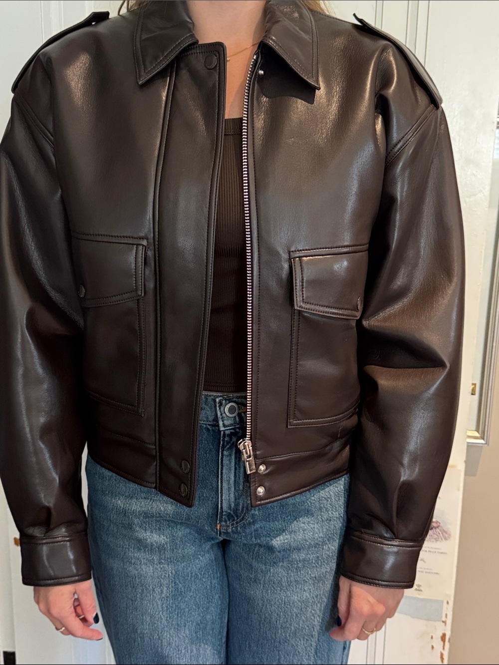 Classic Babaton Women’s Dark Brown Leather Bomber Jacket